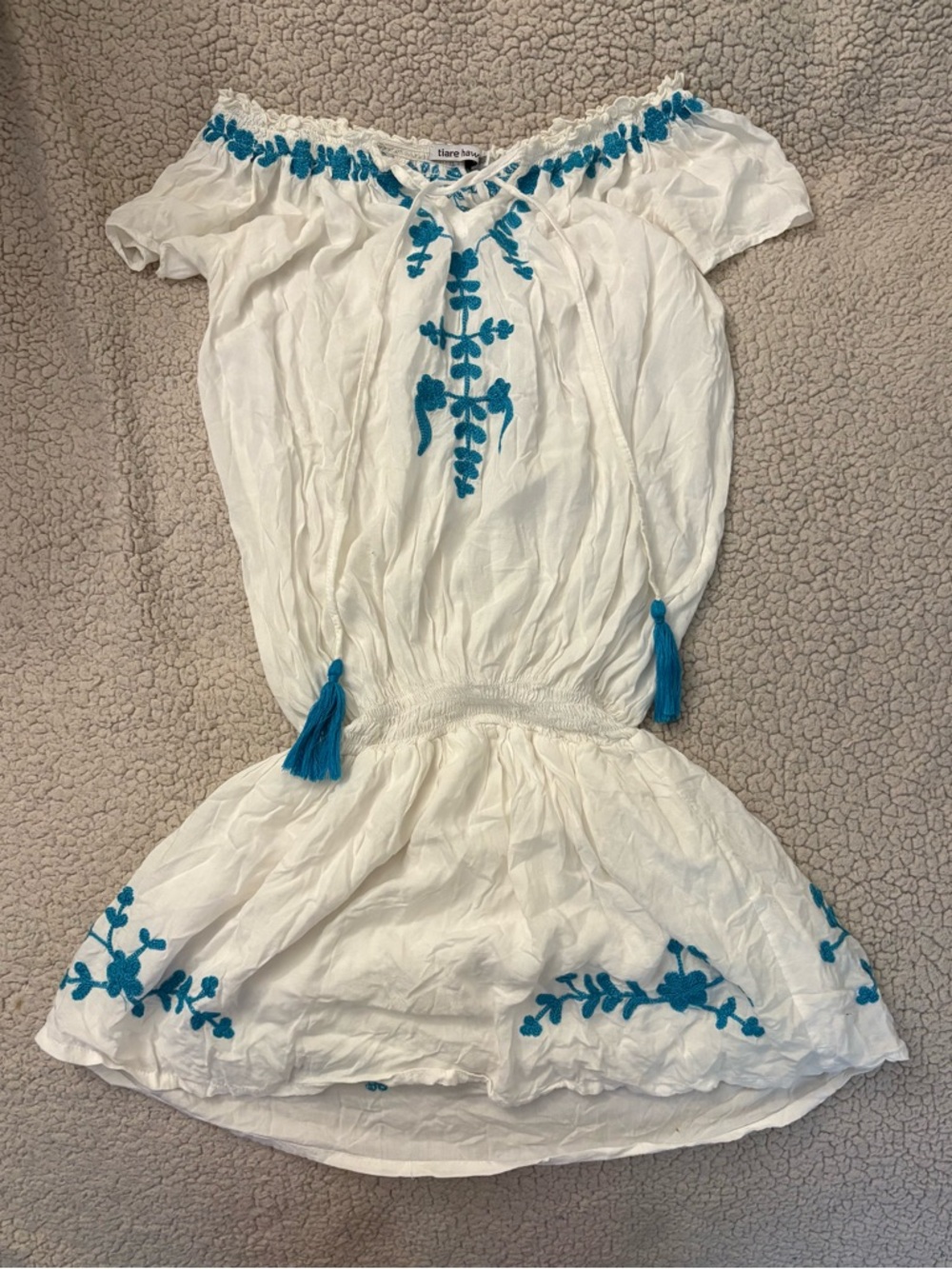 Tiare Hawaii White Off-Shoulder Dress with Teal Embroidery